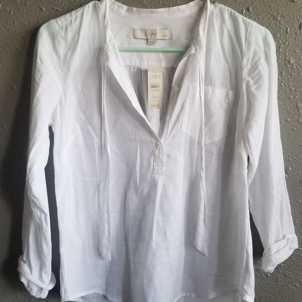 LOFT Linen White Petite Long Sleeve Shirt